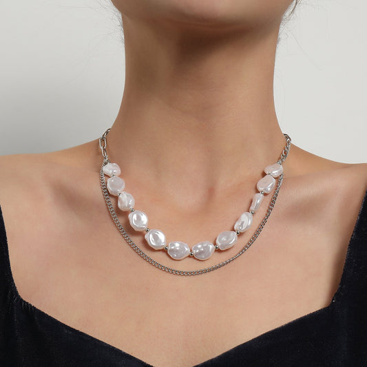Jewelry Ladies Irregular Flat Pearl Necklace Creative Punk Personalized Chain Necklace