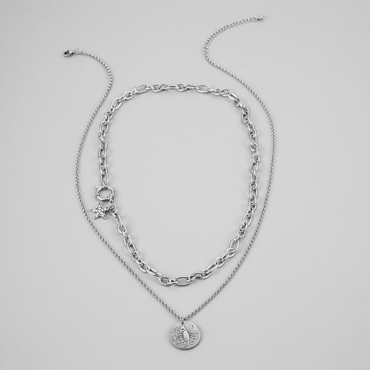 Trendy men's high-end stacked double-layer stainless steel Scorpio five-pointed star scorpion necklace oil pressure pendant