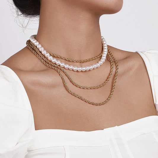 N145 Ethnic Exaggerated Stacked Necklace Pearl Retro Twist Chain Fashion Personality Generous Necklace