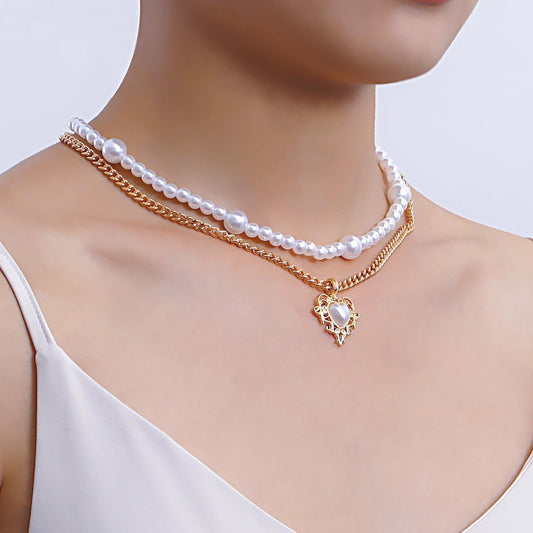 Jewelry trend double-layer imitation pearl love pendant necklace female hot girl all-match beaded necklace
