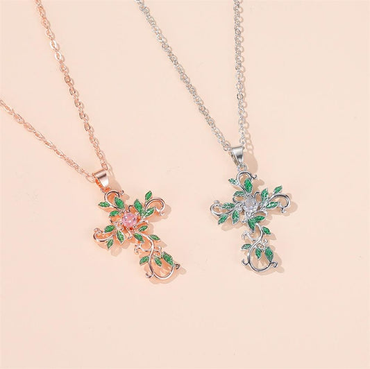 Personality Flower Cross Necklace Fashion Temperament Diamond-studded Leaf Clavicle Chain Simple Necklace Female