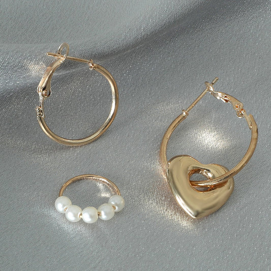 ins pearl love earrings set retro fashion metal geometric hoop earrings personality simple earrings