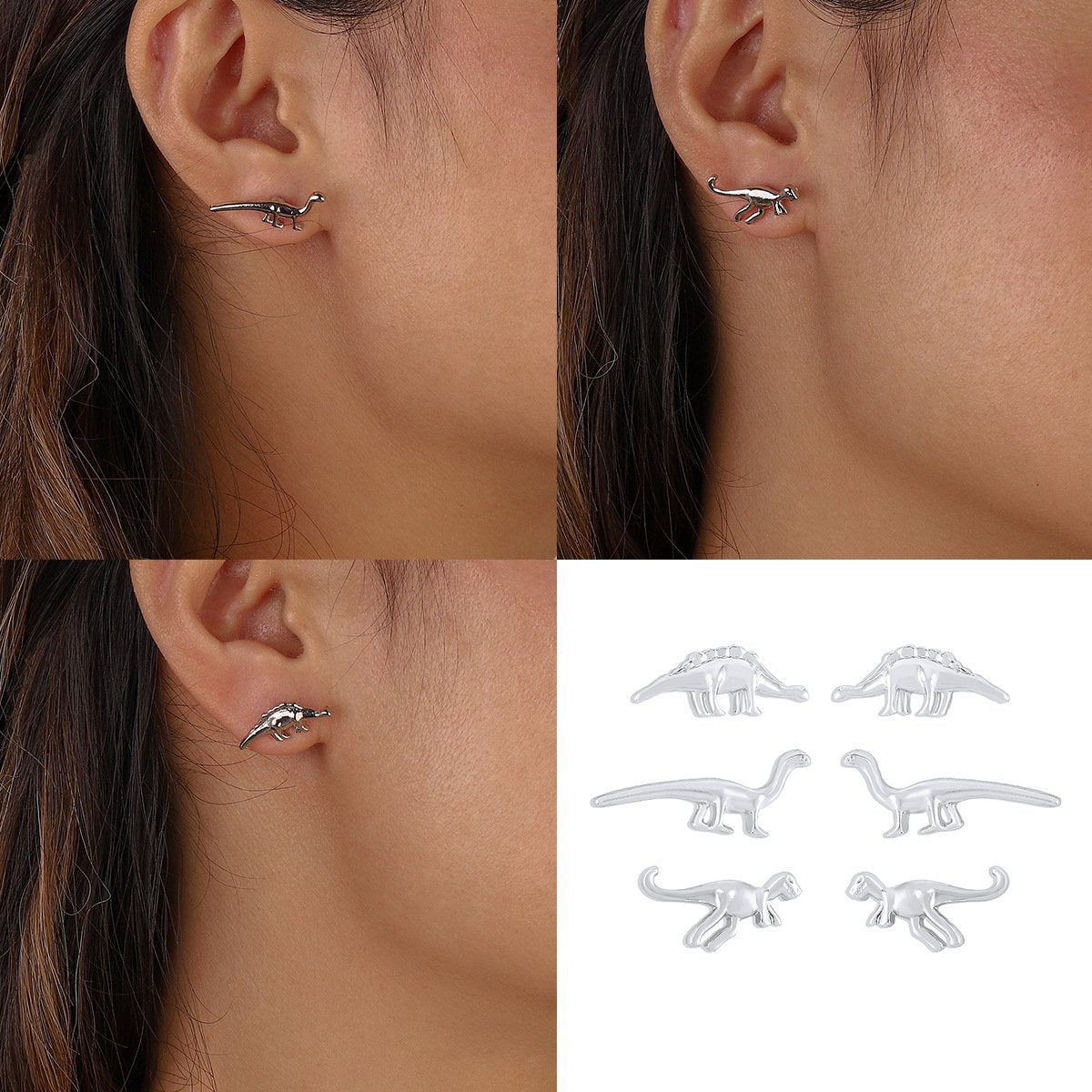 E1383 Small Geometric Stud Earrings Small Dinosaur Personality Retro Simple Metal Earring Set