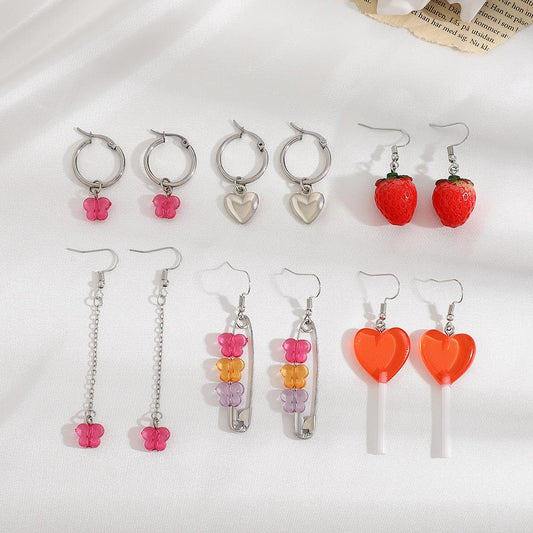 ins resin love earrings set fashion acrylic strawberry butterfly paper clip earrings set of 6