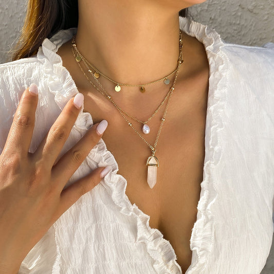Jewelry Mix and Match Imitation Pearl Geometric Necklace Simple Sequin Tassel Imitation Crystal Column Multilayer Necklace