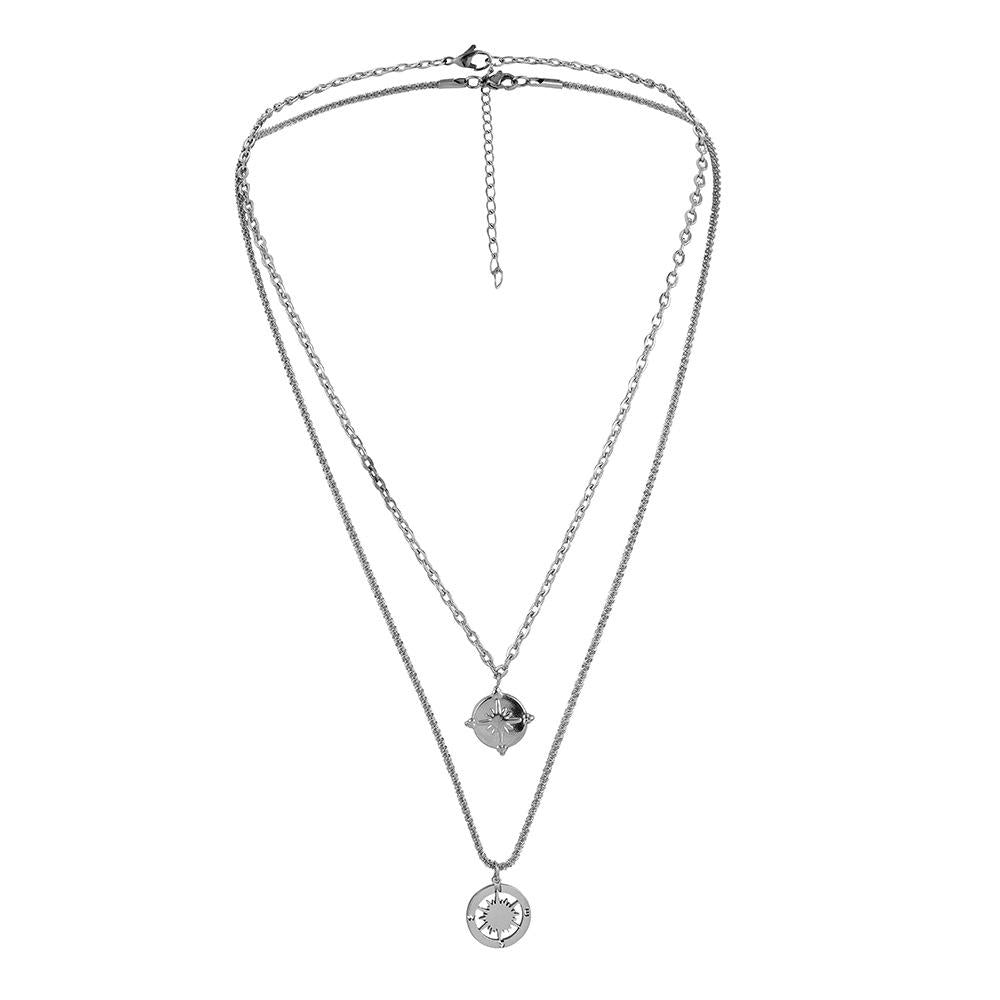 Men's Stainless Steel Twine Stitching Double Coin Compass Star Necklace