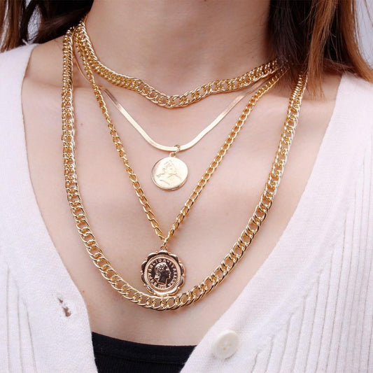 Jewelry multi-layer retro round card lace tag necklace female hip-hop thick chain necklace two-piece set
