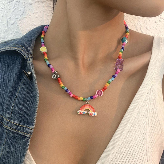 N9147 Colorful Rice Bead Necklace Soft Pottery Bear Cartoon Necklace Cute Rainbow Pendant Clavicle Chain Female