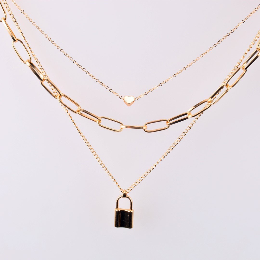 Jewelry Personality Punk Geometric Necklace Sweater Chain Female Simple Lock Shape Multilayer Peach Heart Necklace Female