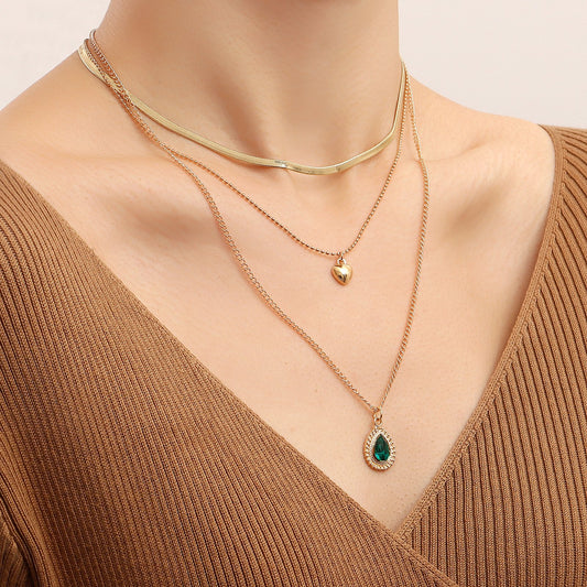 Jewelry trend multi-layer flat snake chain imitation green agate necklace female ins creative niche design sense