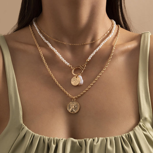 Hip Hop Metal Portrait Tag Necklace Set Retro Mixed Letters Imitation Pearl Twist Chain Necklace