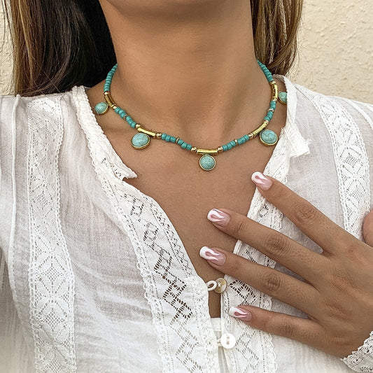 Jewelry Personality Retro Turquoise Necklace Women's Fashion Metal Tube Beads Beaded Clavicle Necklace