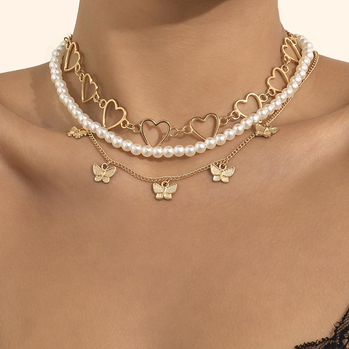 Jewelry Temperament Simple Butterfly Peach Heart Clavicle Necklace Retro Versatile Pearl Beaded Necklace Women