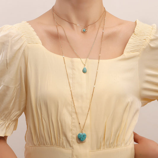 Jewelry ins multi-layer long tassel love turquoise pendant necklace female ethnic necklace