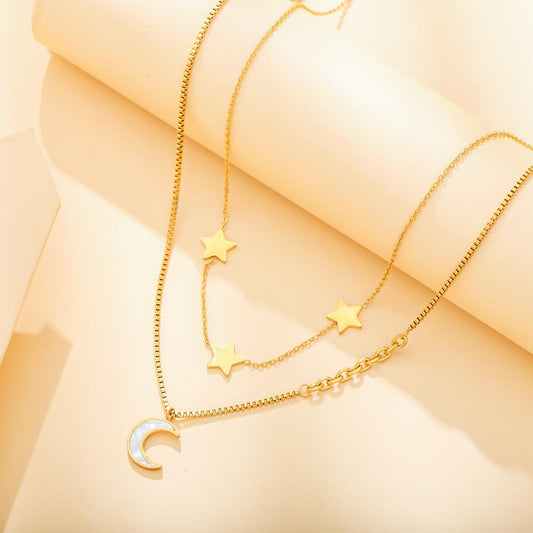 Fashion Creative Stainless Steel Star Moon Sexy Elegant Pendant Titanium Steel Double Layer Necklace Versatile Ornate Jewelry Women