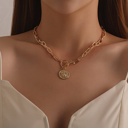 Jewelry Versatile Irregular Round Card Avatar Pendant Necklace Ladies Double Layer Simple Chain Necklace