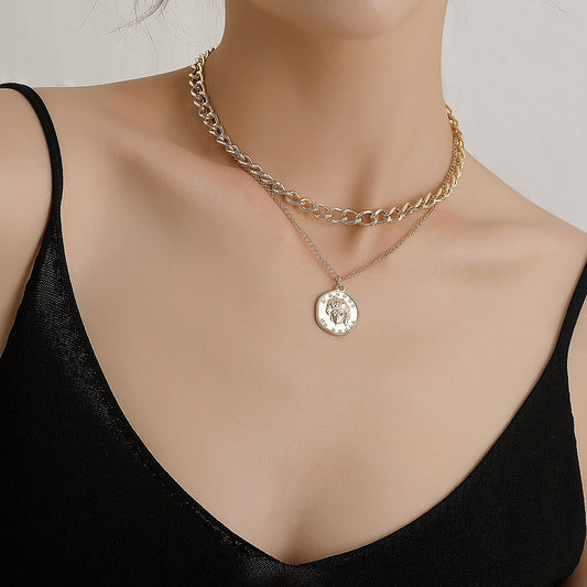 Jewelry Round Geometric Queen Head Pendant Necklace Female Fashion Simple Temperament Double Layer Necklace