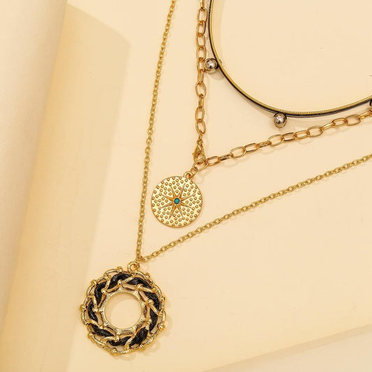 Personalized rivet leather rope necklace trendy hexagram coin pendant three-layer punk necklace