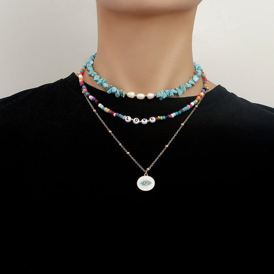 Jewelry multi-layer color rice beads turquoise devil's eye pendant necklace fashion cold necklace