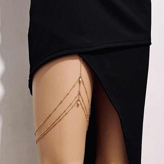 Sexy Beach Imitation Pearl Thigh Chain Female Geometric Tassel Body Chain Rhinestone Metal Chain Leg Ring Female