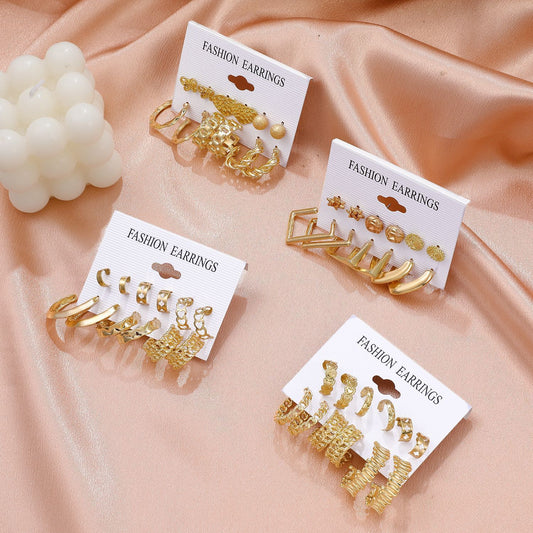 Fashionable Metal Hoop Earrings 6 Pairs Set Exaggerated Retro Geometric Earrings Versatile Earrings