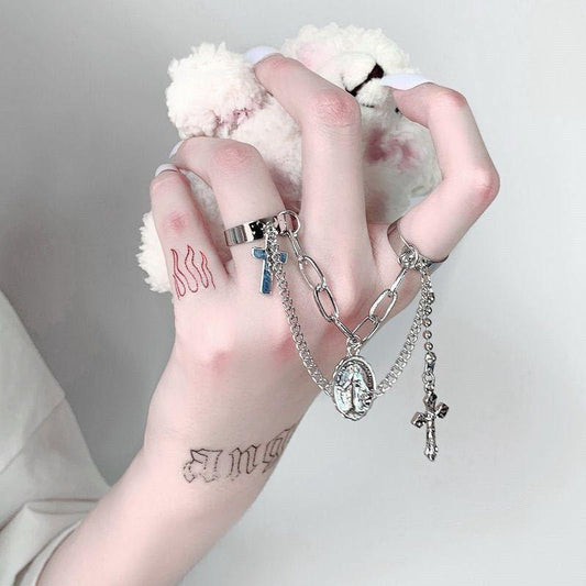 ins chain cross combination ring fashion punk hip-hop one-piece ring for men and women