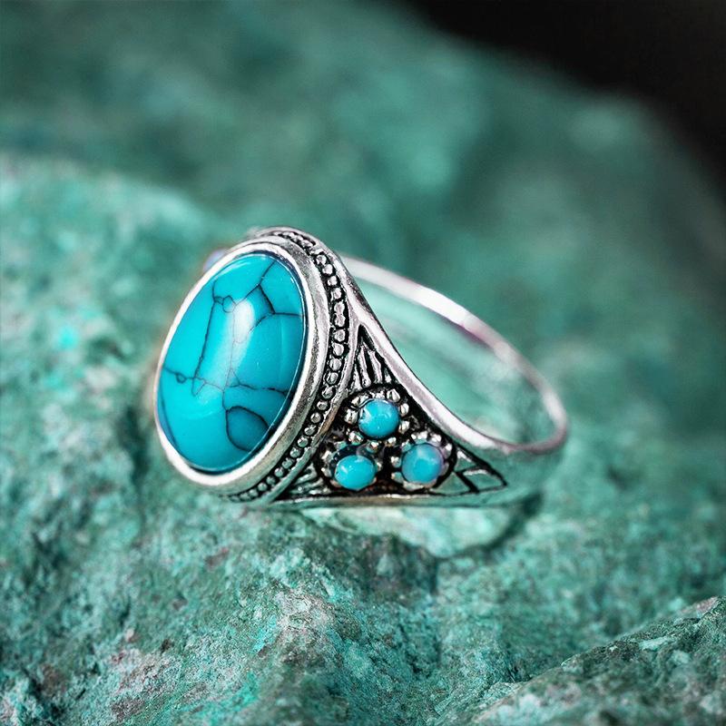 Explosive jewelry national retro imitation turquoise couple ring male and female ancient silver ring jewelry