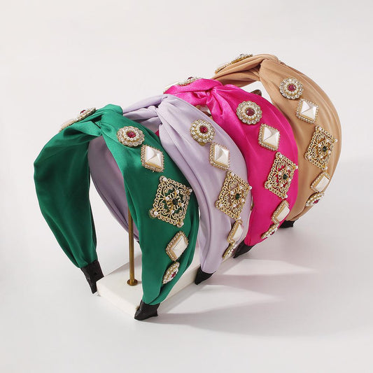 F3779 net red imitation pearl hair hoop pure color square rhinestone head hoop satin cloth temperament wide-brimmed hair accessories