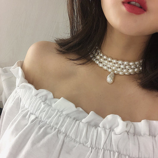 Jewelry Personality Versatile Geometric Beaded Necklace Simple Multi-layer Shaped Pearl Pendant Necklace Women