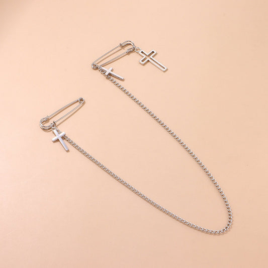 Jewelry Simple Cross Pendant Chain Brooch Men's and Women's Trendy Style Retro Personality Gender Pin Accessories