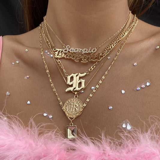 Jewelry retro alphanumeric multi-layer embossed necklace female heavy industry metal gemstone stacking necklace