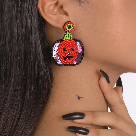 E1793 Personality creative handmade rice bead sequin earrings Halloween exaggerated ghost head pumpkin punk earrings