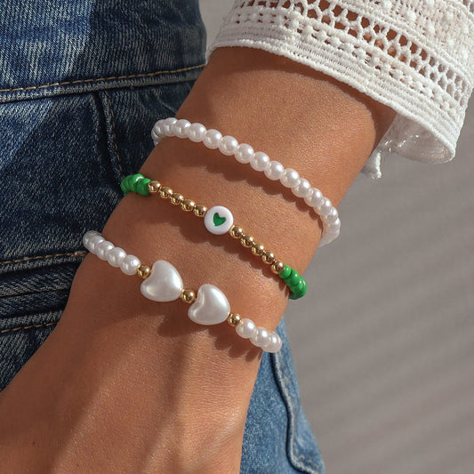 B165 Bohemian Ethnic Bracelets Pearl Resin Geometric Love Bracelet Contrasting Color Stretch Commuting Jewelry