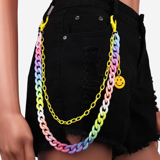 Candy Color Double Layer Vintage Gradient Resin Chain Pants Chain Smiley Face Pendant Jeans Mushroom Hanging Chain
