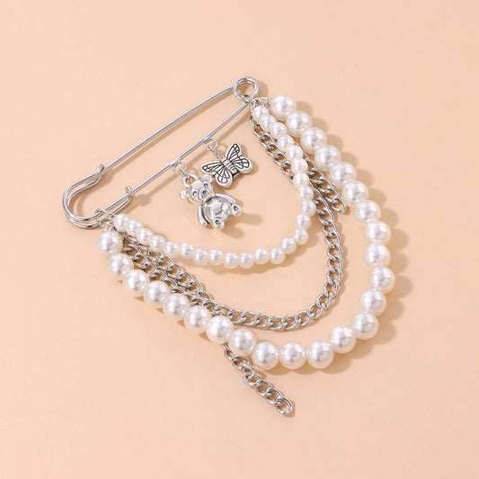 Jewelry Butterfly Bear Pearl Chain Brooch Trendy Multi-element Retro Brooch Accessories