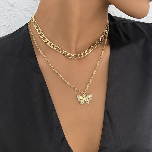 N918 Jewelry Metal Geometric Fashion Necklace Diamond Creative Retro Butterfly Pendant Necklace Women