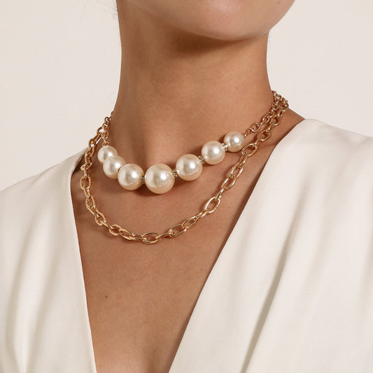 Jewelry diamond-studded large pearl multi-layer necklace female personality retro exaggerated punk chain necklace