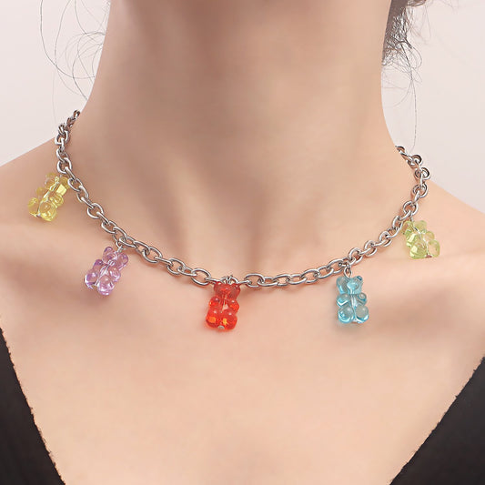 Jewelry geometric exaggerated O word chain colorful bear pendant necklace femininity small fresh necklace