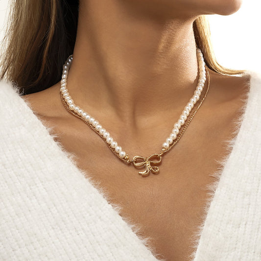 Jewelry Retro Simple Pearl Chain Necklace Versatile Personality Diamond Bow Knot Clavicle Necklace