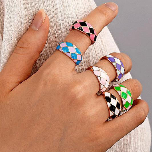 Fashion square ring ins drop oil color diamond ring net red checkerboard tail ring female