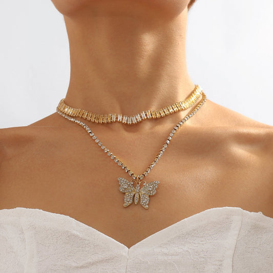 N1888 Sweet Small Fashion Necklace Butterfly Full Diamond Temperament Elegant Retro Double Layer Necklace
