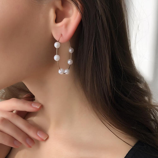 E9429 Geometric Pearl Earrings Temperament Pearl Circle Earrings Exaggerated Cold Simple Sweet Earrings