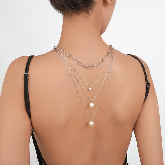 N8614 back decoration retro multi-layered temperament necklace imitation pearl chain niche exaggerated necklace