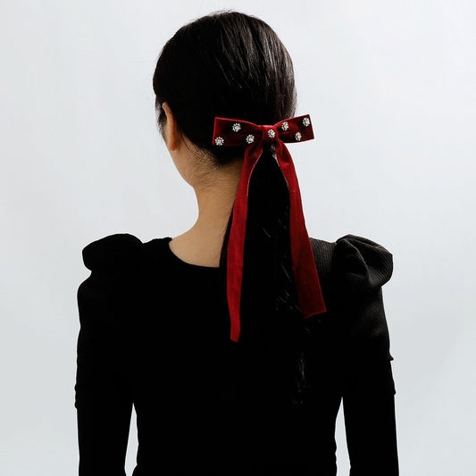 F5272 Autumn and Winter Temperament Flannel Personality Rhinestone Spring Clip Bowknot Light Luxury Retro Rhinestone Lengthening Hair Clip