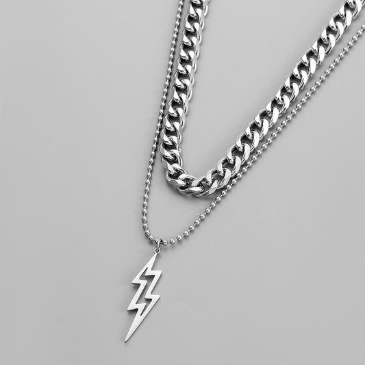 High-end fashion design simple niche men's double-layer stainless steel Cuban chain lightning necklace stacked necklace