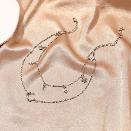 Simple double-layer star necklace female ins multi-layer star-moon pendant necklace moon pendant clavicle chain