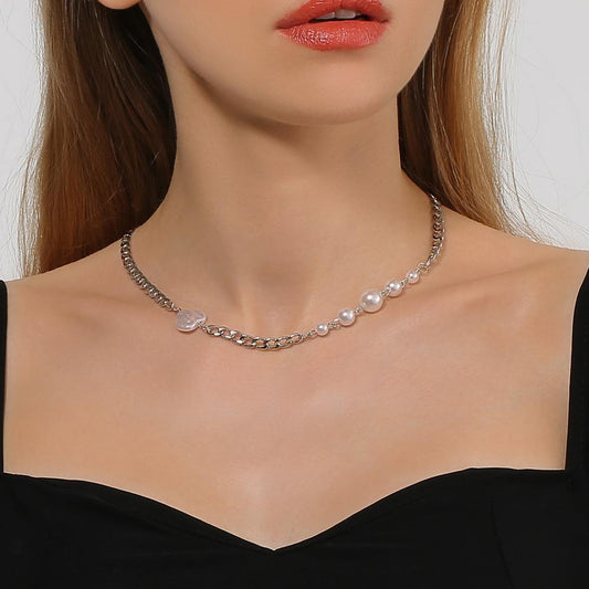 Ins personality all-match love pearl stitching necklace niche design all-match chain clavicle chain female
