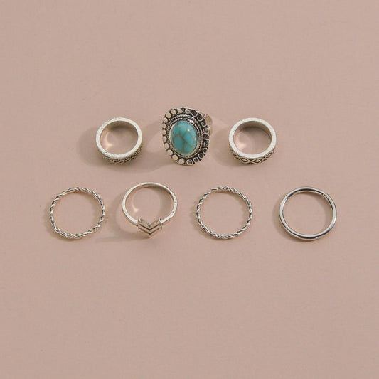 Vintage Ethnic Turquoise Ring Fashion Alloy Multi-Piece Knuckle Ring Finger Ring Accessories