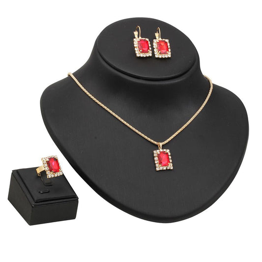 Bride Wedding Dress Female Accessories Square Diamond Gold Pendant Earrings Ring Three-Piece Set