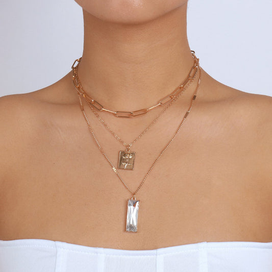1442 Minority Stacked Retro Square Brand Rose Necklace Exaggerated Geometric Chain Acrylic Diamond Necklace